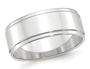 Mens 10K White Gold 8mm Flat Wedding Band Ring with Step Edge - Picture 1 of 5