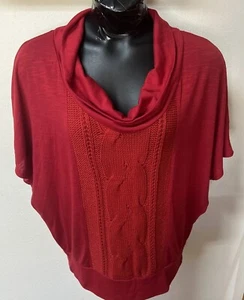 Festive Red Tunic Sweater Batwing Slv Cable Knit Insert Cowl Scoop Neckline 2X - Picture 1 of 12