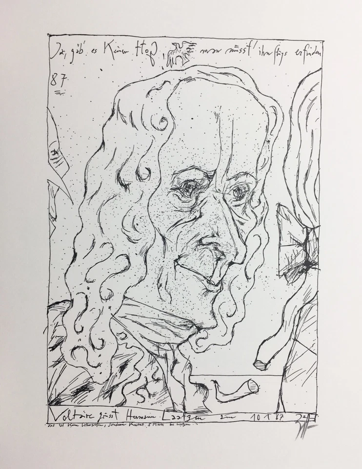 Horst Janssen, Voltaire grüßt Hermann Laatzen, Lithografie, Offset, handsigniert - Bild 1 von 1