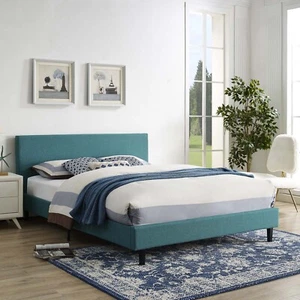 Full Size Upholstered Fabric Platform Bed Frame With Wood Slats in Teal - Picture 1 of 5