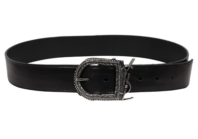 Saint Laurent Men YSL Logo Western Buckle Belt  90 30 31 32 Black Leather Silver - Image 1 of 4