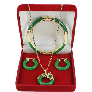 18K Gold Plated Women Natural Jade Pendant Necklace Earring Bracelet Jewelry Set