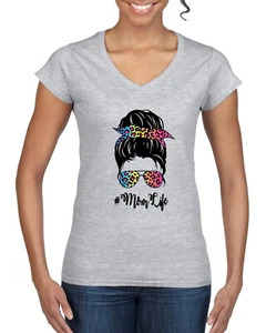 Camiseta Mom Life Cabello Desordenado Bandana Día de la Madre Mujeres Estándar Cuello en V - Imagen 1 de 4