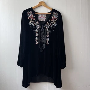Johnny Was Black Velvet Silk Blend Tunic Top Mini Dress Embroidered Blouse Sz S - Picture 1 of 14