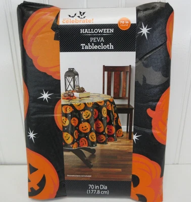 Halloween Pumpkins PEVA Vinyl Tablecloth 70" Round Celebrate Black & Orange New - Image 1 of 4