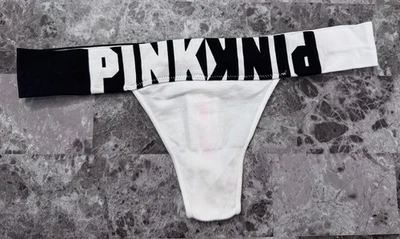NWT VICTORIA'S SECRET PINK MEDIUM BLACK WHITE LOGO SEAMLESS RARE THONG PANTIES - Image 1 of 3