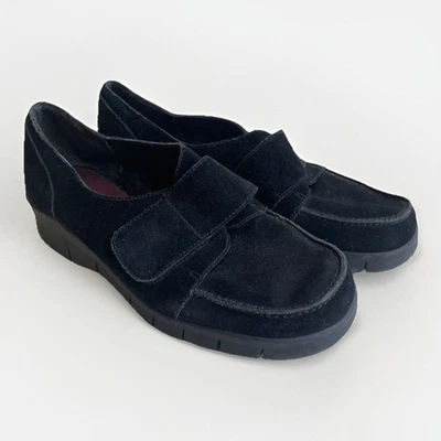 Aerosoles Black Suede Leather Chunky Loafers 8 Womens Cargo Slip Ons Hook & Loop - Image 1 of 4