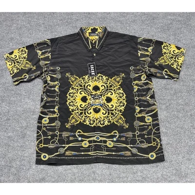 GOCHU 复古黑色金色巴洛克印花纽扣短袖衬衫男式 XXL — 第 1/4 张图片