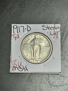 1917 D Standing Liberty Cuarto Tipo 1 Cabeza Completa BU Sin Circular MS+ FH (16819) - Imagen 1 de 3