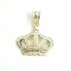 10k yellow gold crown pendant charm fine jewelry gift necklace diamond cut 1.2g - Picture 1 of 12