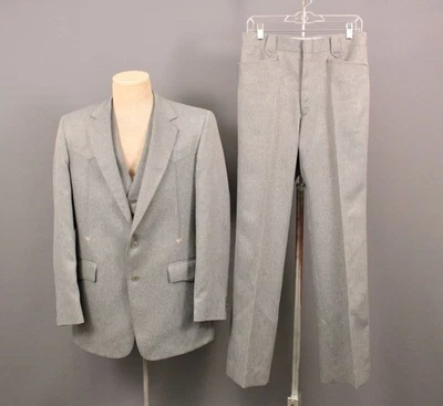 Men's VTG 70s Grey 3 PC Western Leisure Suit Sz M 1970s Disco Polyester - Image 1 of 4
