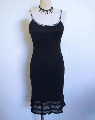 Vestido sin Mangas Vintage Años 90 Betsey Johnson Elastizado Encaje Malla Seda Flor Bordado Foto 1 de 4