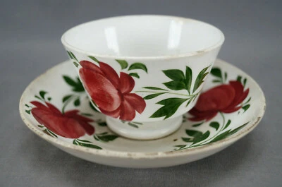 British Adams Rose Type Enamel Pearlware Tea Bowl & Saucer Circa 1830-1840s E - Image 1 of 4
