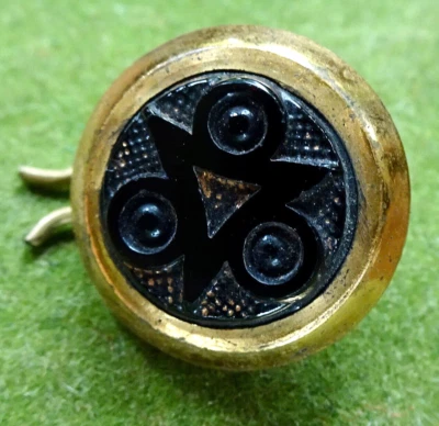 antique Victorian french jet black glass abstract flower gilt button -W66 - Image 1 of 3