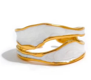 18k Yellow Gold Plated Antique White Enamel Adjustable Solid Luxury Jewelry Ring - Picture 1 of 10