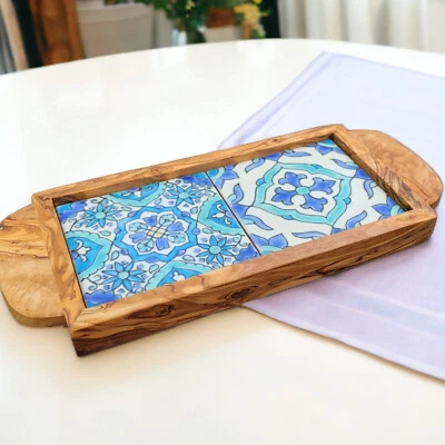 Handmade Olive Wood Serving Tray with Ceramic Tiles - Ergonomic Handles - Image 1 of 4
