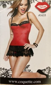 COQUETTE Set Chemise & String Panty Gr. L rot schwarz Spitze Sexy - Bild 1 von 5