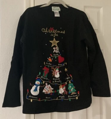 Quacker Factory Sweatshirt Size Small Christmas Tree Black Snowman Embroidered - Image 1 of 4