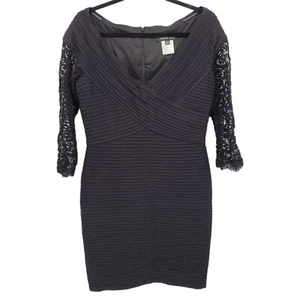 Tadashi Shoji Large Black ribbed v neck bodycon dress lace crochet sleeves NWT - Picture 1 of 11