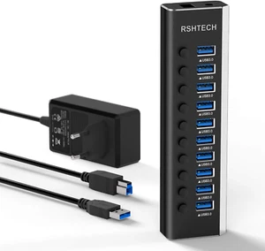 Hub USB 3.0 Attivo 10 Porte Alluminio 36W con Interruttori LED PC Mac Linux - Photo 1/9
