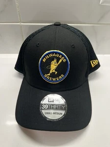 New Era 39THIRTY Milwaukee Brewers Throwback Retro Logo Black Flex Hat Cap S/M - Picture 1 of 4