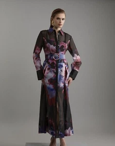 Karen Millen Organdie Printed Long Sleeve Shirt Maxi Dress SIZE 8 US - Picture 1 of 12