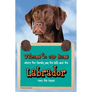 Perro labrador Bienvenido a nuestro letrero de inicio CHOCOLATE LABRADORS Run House Signos divertidos - Imagen 1 de 1