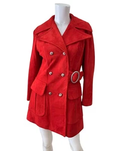 Vintage 1960's Joseph Magnin Red Suede Leather Mod Trench Coat Jacket Small - Picture 1 of 10