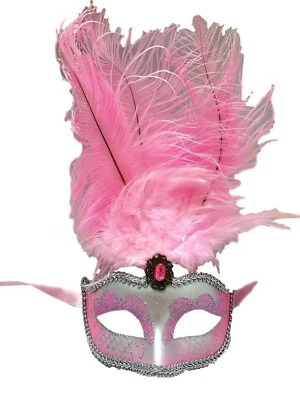 Light Pink Silver Venetian Mask Feather Masquerade Mardi Gras 12" - Image 1 of 2