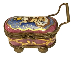 LIMOGES Frankreich PEINT MAIN Schmuckstück * BABYZÄHNE* Box-KRIPPE / KINDERWAGEN Schlaf Baby - Bild 1 von 7