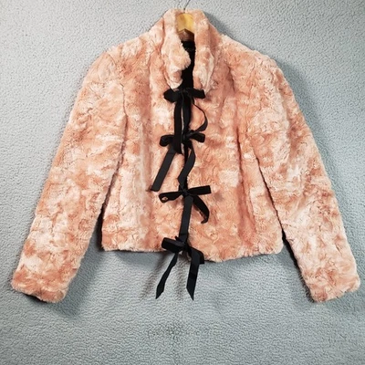 Vintage Betsey Johnson Faux Fur Jacket Coat Women 8 Pink Velvet Tie Coquette 90s - Image 1 of 4