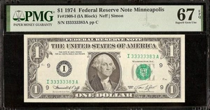 1974 $1 DOLLAR 33333383 NEAR SOLID NUMBER NOTE HIGH GEM GRADE MONEY PMG 67 EPQ - Picture 1 of 2