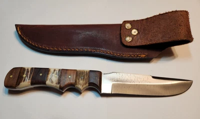 Very Nice Hand Forged 9-1/2" Stag/Wood Handle Custom US Made Hunter Knife/Sheath - Image 1 of 4