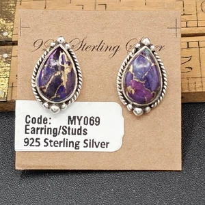 Sterling Silver Purple Copper Turquoise Stud Earrings Teardrop Rope Design - Picture 1 of 11