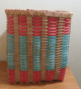 TALL WOVEN WOOD BASKET ORANGE BLUE ARTIST SIGNED 10 X8 X6" - Picture 1 of 7