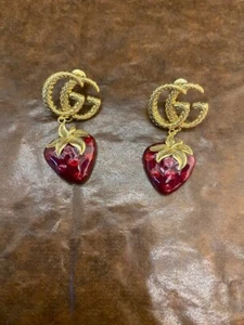 Gucci Gold GG Top Green Heart Shaped Dangle Drop Earrings - Picture 1 of 5