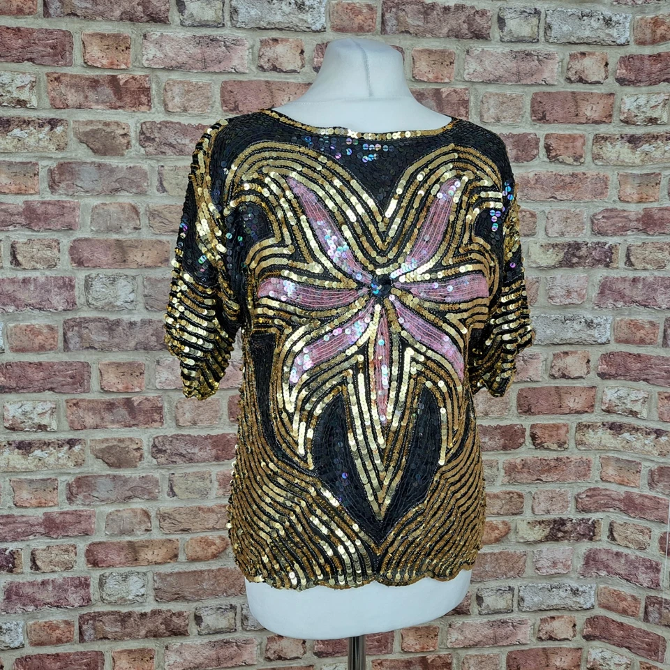 Jewel Queen Sequin Silk Blouse Top Size Small Black Gold Pink Flower Vintage - Image 1 of 4
