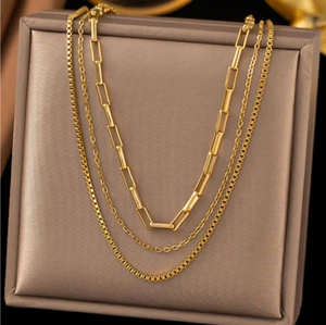 3pcs Womens Necklace 18K Gold Plated Stainless Steel Chain Woman Fashion Jewelry - Picture 1 of 7