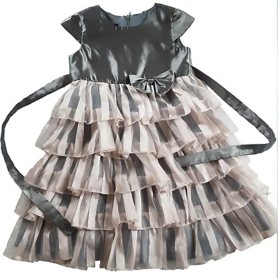 Isobella & Chloe 4T Girls Ruffle Gray Pink Layered Cap Sleeve Taffet Party Dress Foto 1 de 4