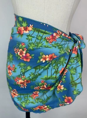 Vintage 90s Sarong Swim Skirt Coverup ONE SIZE Side Tie Hibiscus Tropical Pinup - Image 1 of 4
