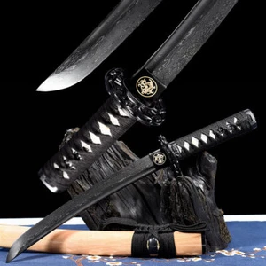 Japan Tanto Ninja Schwert kurz Katana scharf gefaltet Stahl schwarze Klinge Kampfmesser - Bild 1 von 12
