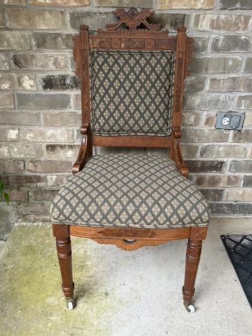 Antique Victorian Eastlake Style Carved Walnut Upholstered Parlor Accent Chair Cover