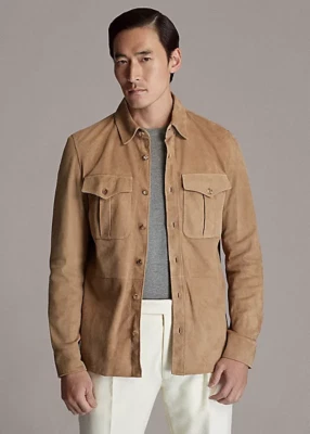 Men's Beige Suede Shirt Real Soft Sheepskin Suede Causal Overshirt - Image 1 of 4