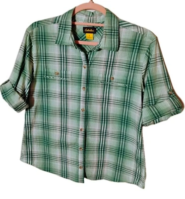 Camisa Top Para Mujer Cabela Verde A Cuadros Manga Enrollable Abotonada Talla PS Foto 1 de 4