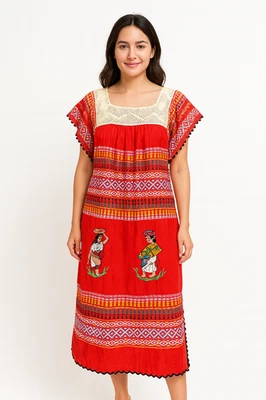 Vestido Boho Sudamericano Hecho a Mano Bordado Midi Encaje Cuello Cuadrado L Lana Ble Foto 1 de 4