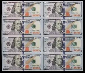 2009 A $100 UNCUT SHEET OF 8 NOTES BUREAU ENGRAVING & PRINTING CHOICE CU - Picture 1 of 2