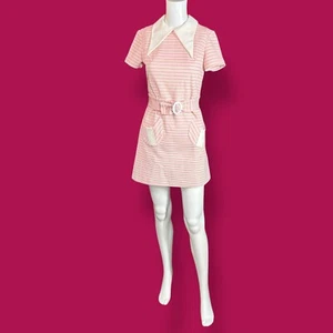Vintage Womens 60s A-Line Sheath Dress Short Sleeve S/M Pink Striped Dagger Belt - Picture 1 of 19