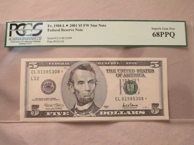 2001 $5 FRN STAR NOTE - CL 01985308* PCGS 68 PPQ - Image 1 of 2