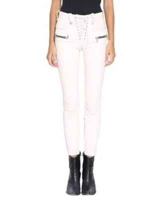 Брюки из черной кожи ягненка для женщин спереди кружевные стильные приталенные брюки WLP4a - Изображение 1 из 4