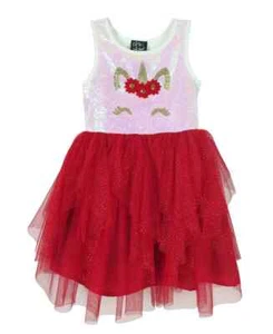 PINK & VIOLET Girls Sequin Unicorn Dress Ruffle Mesh Skirt Ivory/ Red Size 3T - Picture 1 of 2